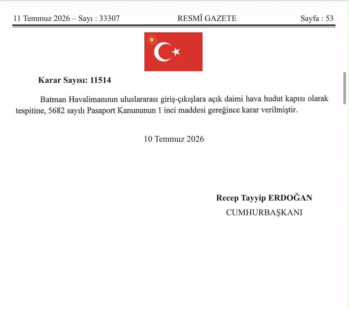 BATMAN HAVALİMANI ULUSLARARASI DAİMİ HAVA HUDUT KAPISI İLAN EDİLDİ